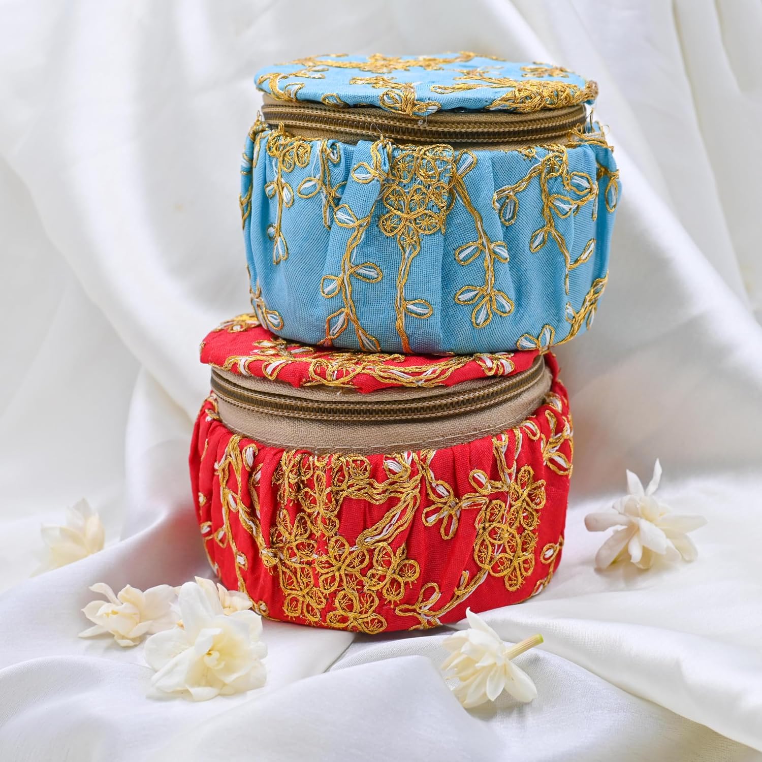 Embroidered Silk Round Jewelry Box Set - Hình 2